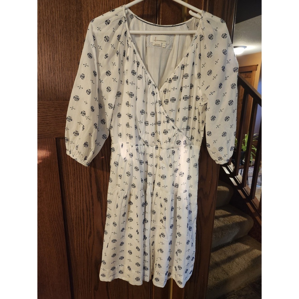 Anthropologie Marcie Surplice Embroidered Puff Sleeve V Neck Dress Medium White - Picture 2 of 11